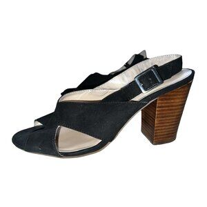 Nine West Alba Open Toe Slingback Shoes Sz 9.5 Womens Black 3.25" Chunky Wooden
